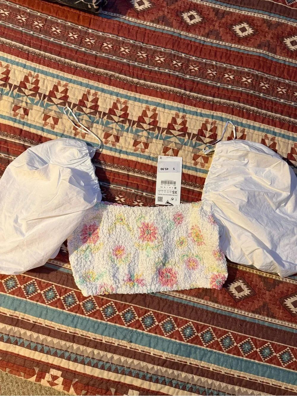 NWT Zara White Smocked Floral Tube Top with Puff Sleeves XS